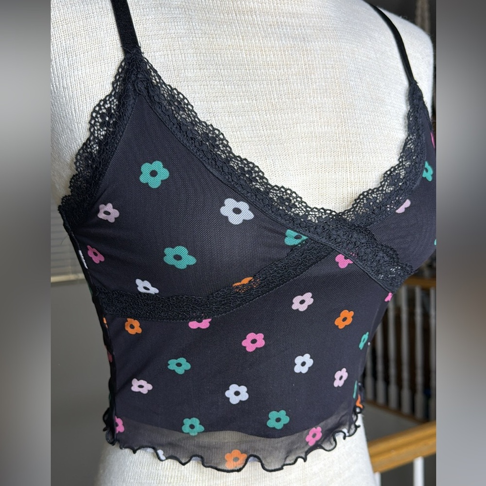 Divided Black Daisy Print Mesh Lace Crop Top Small - Cute